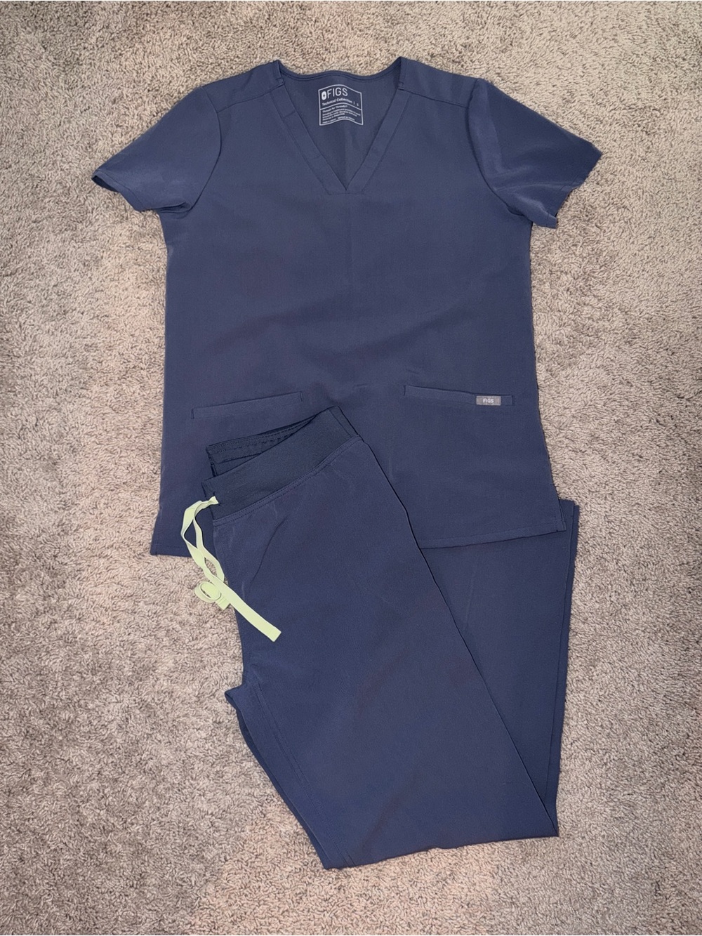Figs Women's Wide Leg Scrub Set in Navy with Lime Drawstring
